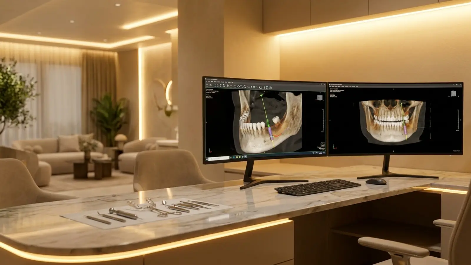 Calm treatment suite with digital implant planning screens
