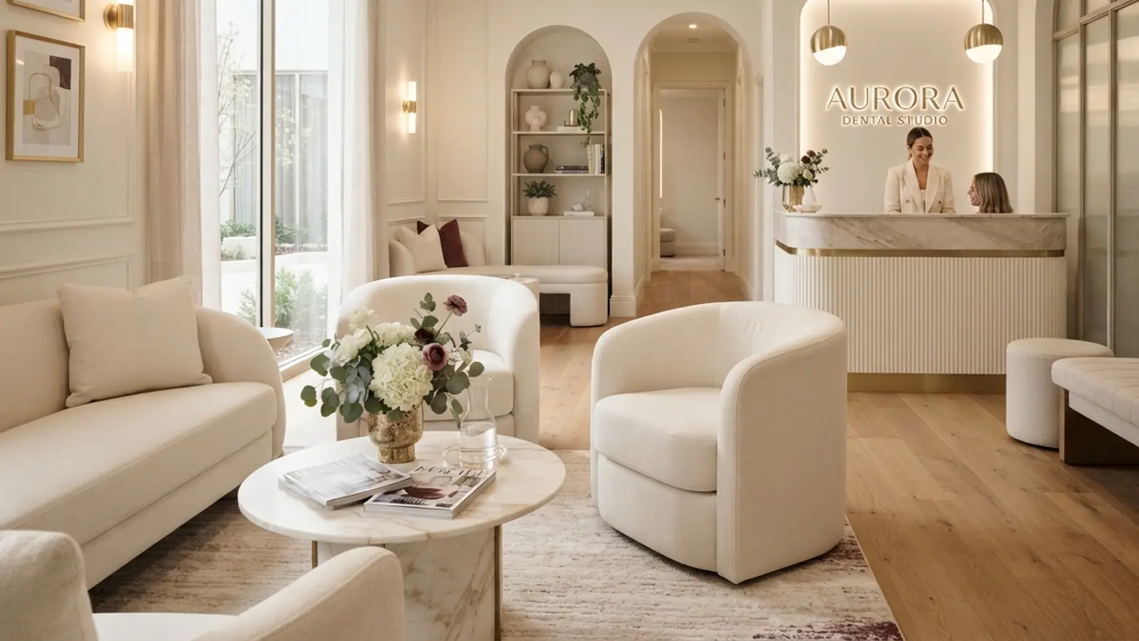 Warm, softly lit reception lounge with comfortable seating and gold accents